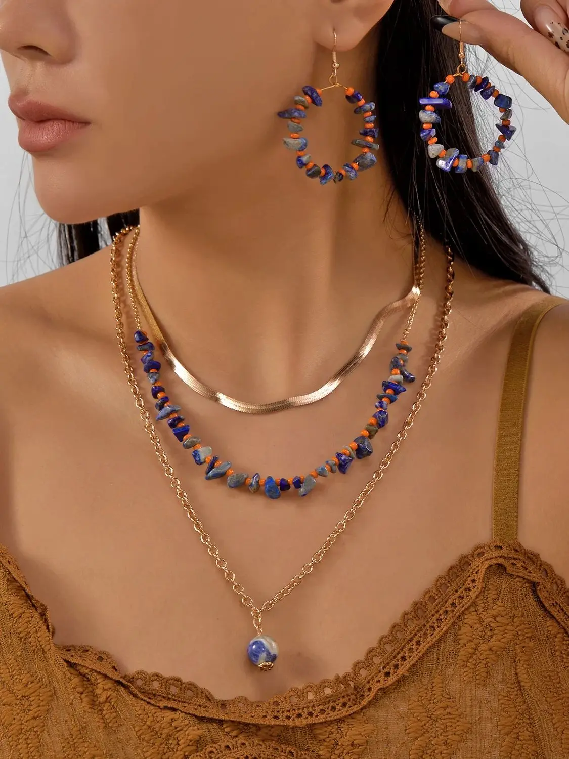 

Design Sense Colored Gravel Three Layer Necklace for Women 2026 Fashion Natural Stone Beaded Earring Set Party Jewelry Gifts