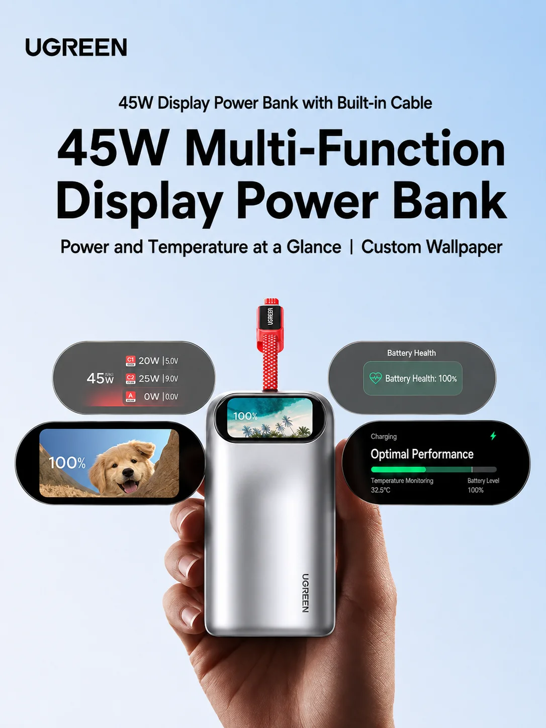 UGREEN P6 Display Power Bank, 10,000mAh 45W Fast Charger with Built-in Cable, 3C Certified Battery Pack for iPhone