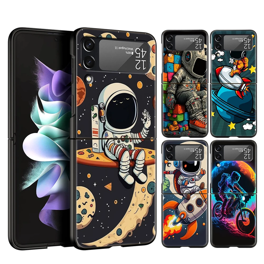 Cartoon Astronaut Star Space For Samsung Galaxy Z Flip 4 5 Bag Black Phone Cover For Galaxy Z Flip 3 Case Hard PC Folding Shell