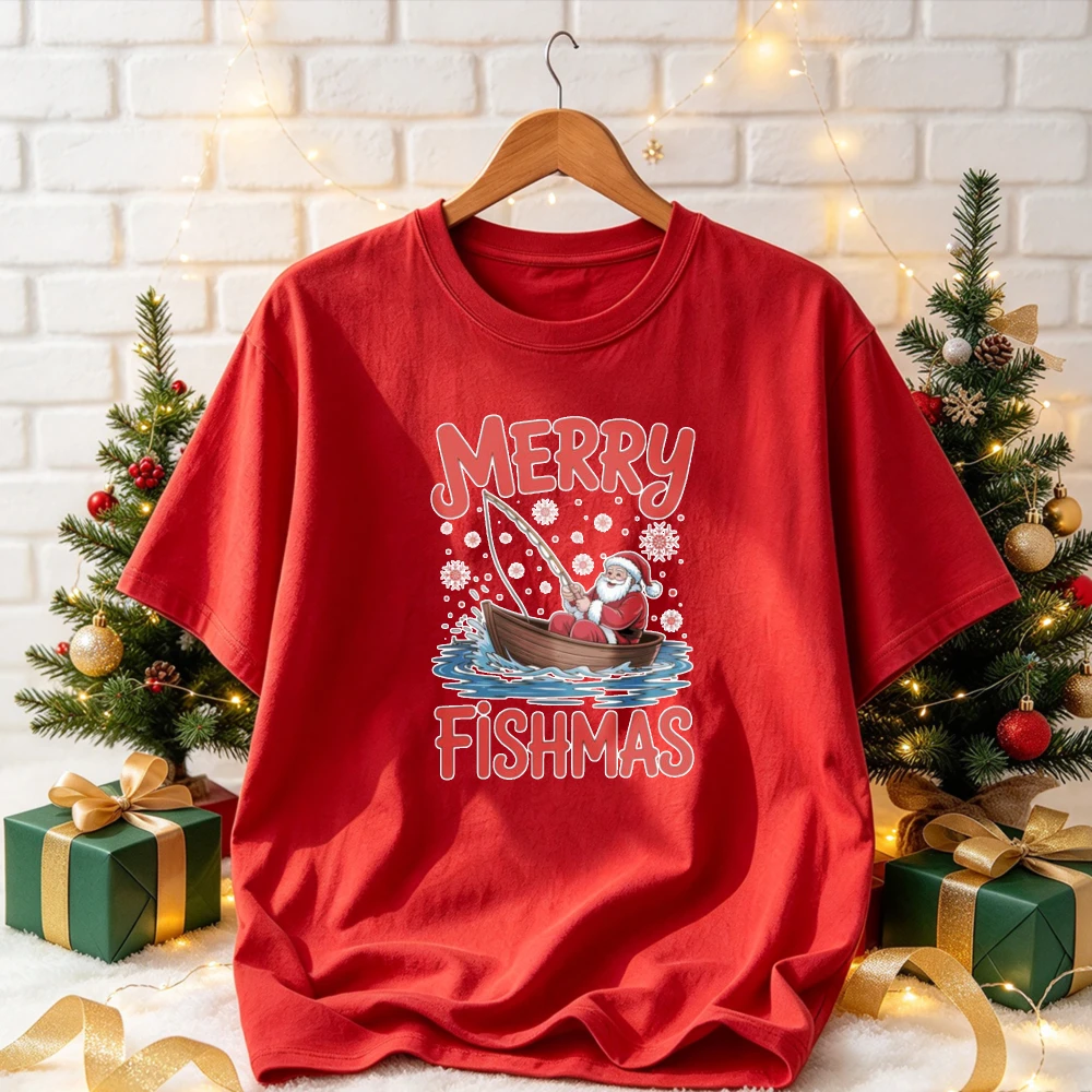 Unisex Funny Santa Claus Fishing Boat MERRY FISHMAS Printed T-Shirt 100 Pure Cotton Short Sleeve Casual Tee Gift for Dad Anglers