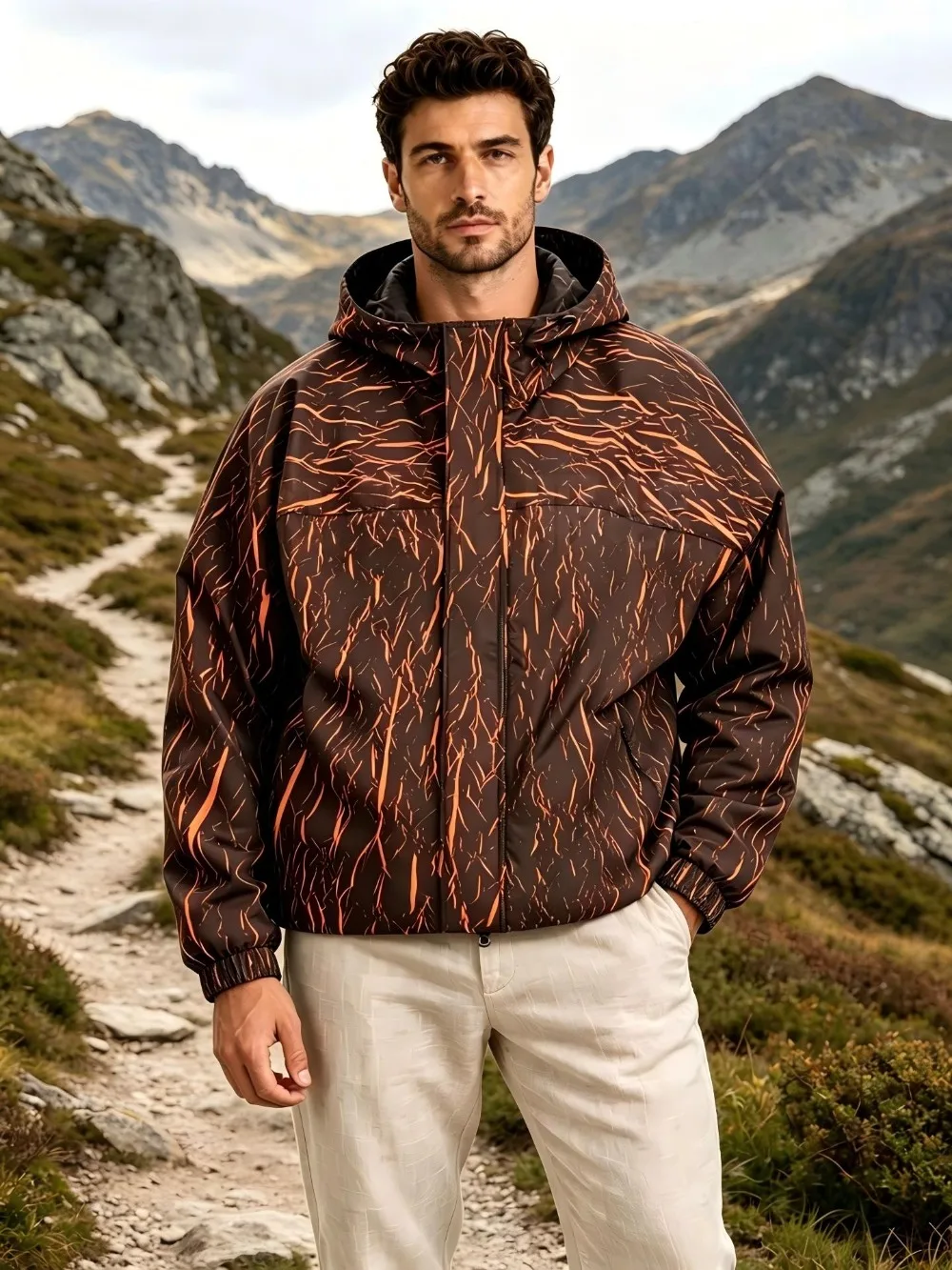 Men's Stretch Activated Crack Pattern Jacket, Hooded Casual Windbreaker, Unique Graphic Outdoor Coat, Fashion Sportswear