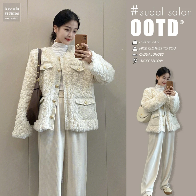 

Lamb Wool Jacket Spring Woman Plush Blend Waterproof Simple Botton Detail High Street American Style Stretchy Womans Warm Loose