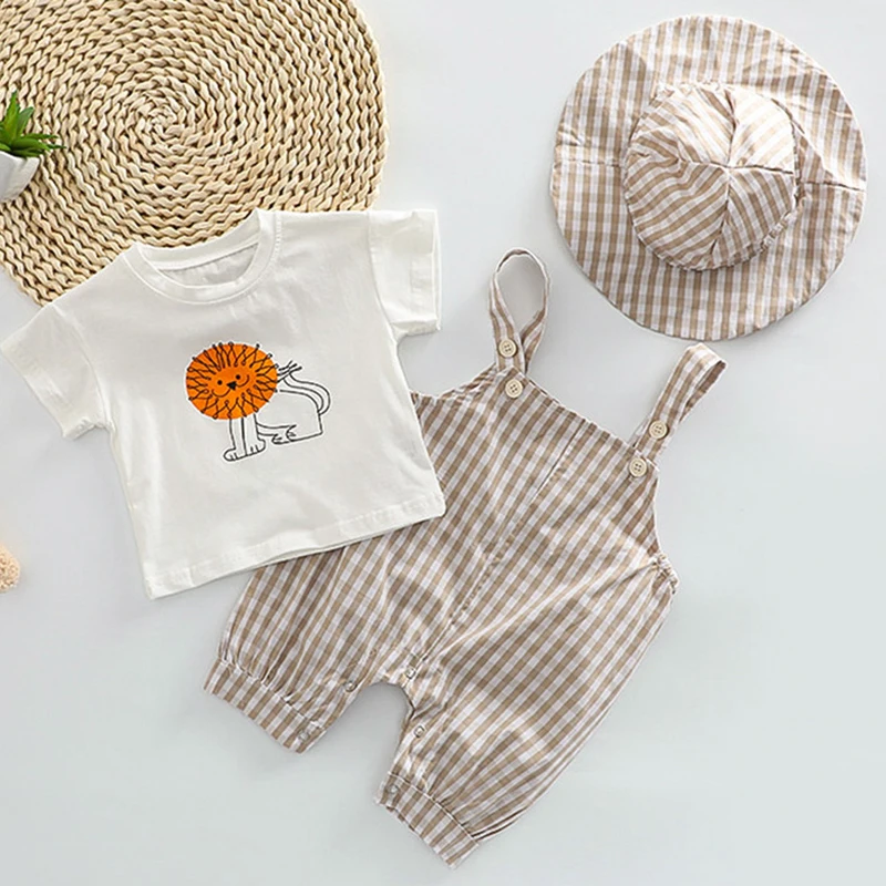 Korean Style Newborn Baby Girls Boys Clothing Sets Cotton Short Sleeve T-shirt+Hat+Romper Toddler Baby Clothes Suit For Summer