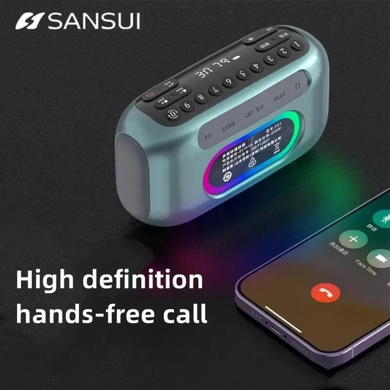 SANSUI F31 휴대용 FM 라디오 서브 우퍼 블루투스 스피커 녹음 LED 디스플레이 무선 핸즈프리 TF USB MP3 음악 플레이어