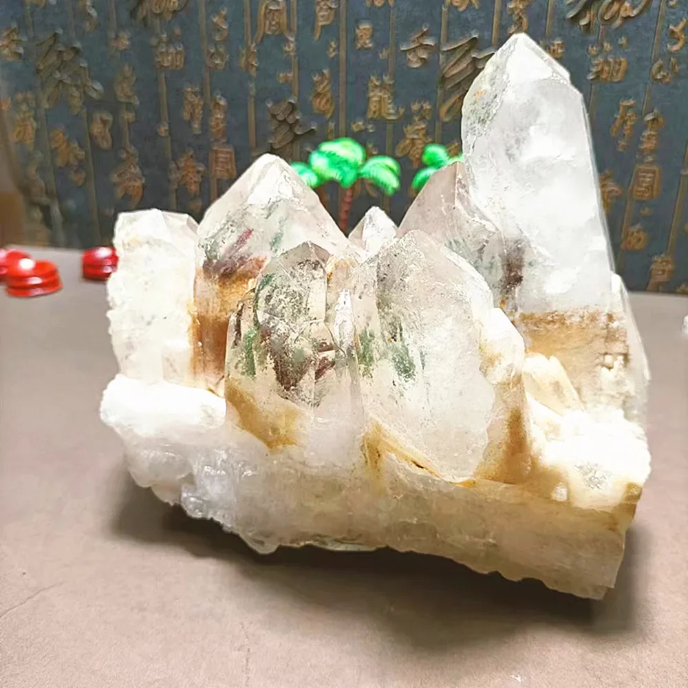 Cristal de quartzo de energia natural, fantasma verde do Brasil, cluster mineral, reiki, decoração de casa, desmagnetização de c