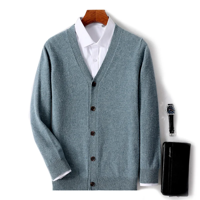 Autumn And Winter 100% Wool Cardigan Men's V-neck Solid Color Sweater Business Casual Coat Knitted Bottoming Shirt