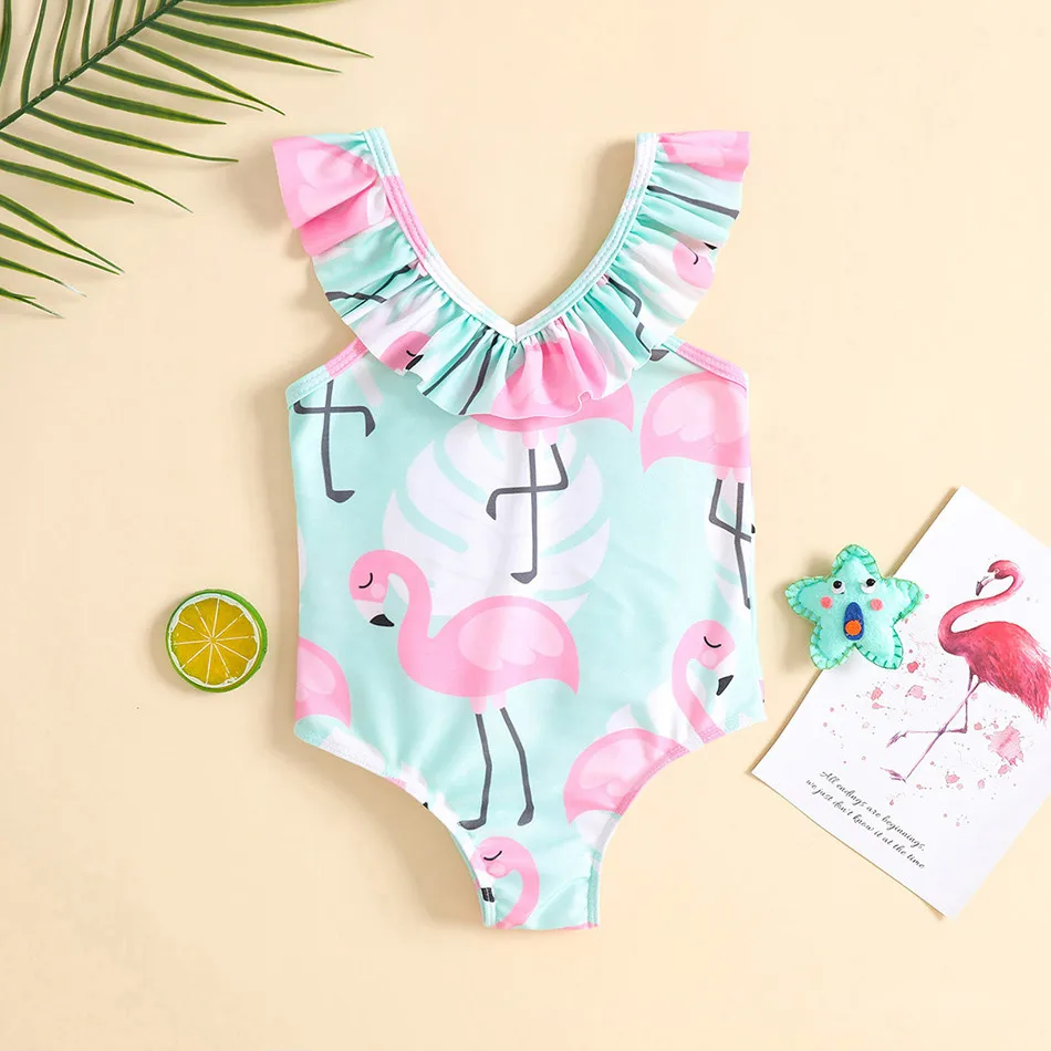 Flamingo Print Girl One-Piece Swimsuit Kids Beachwear with Halter Straps Baby V-Neck Ruffle Swimming for Summer Pool Bathing Fun