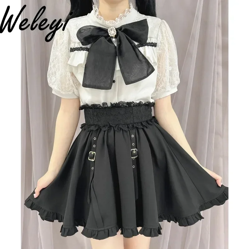 White Lace Big Bow Stitching Lolita Shirt Woman 2024 Summer Sweet College Style Short Sleeve Lotus Leaf Stand Collar Rojita Top