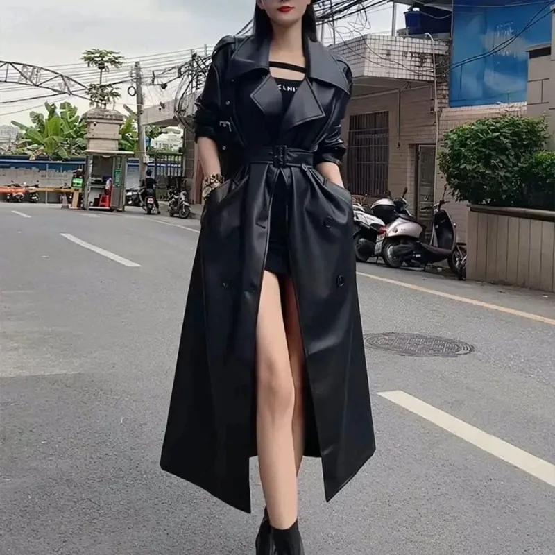 Senior Black Trench Coat Long Retro 2024 New Pu Leather Coat British Temperament Coat Loose and Thick Warm Simple Fashion