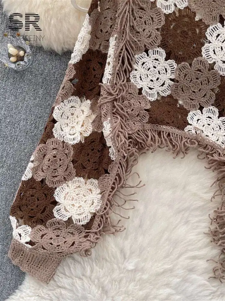 BabYoung Flower Hook Sunscreen Shirt Women Hollow Out Vintage O Neck Long Sleeve Ladies Summer Casual Tassel Short Blouse