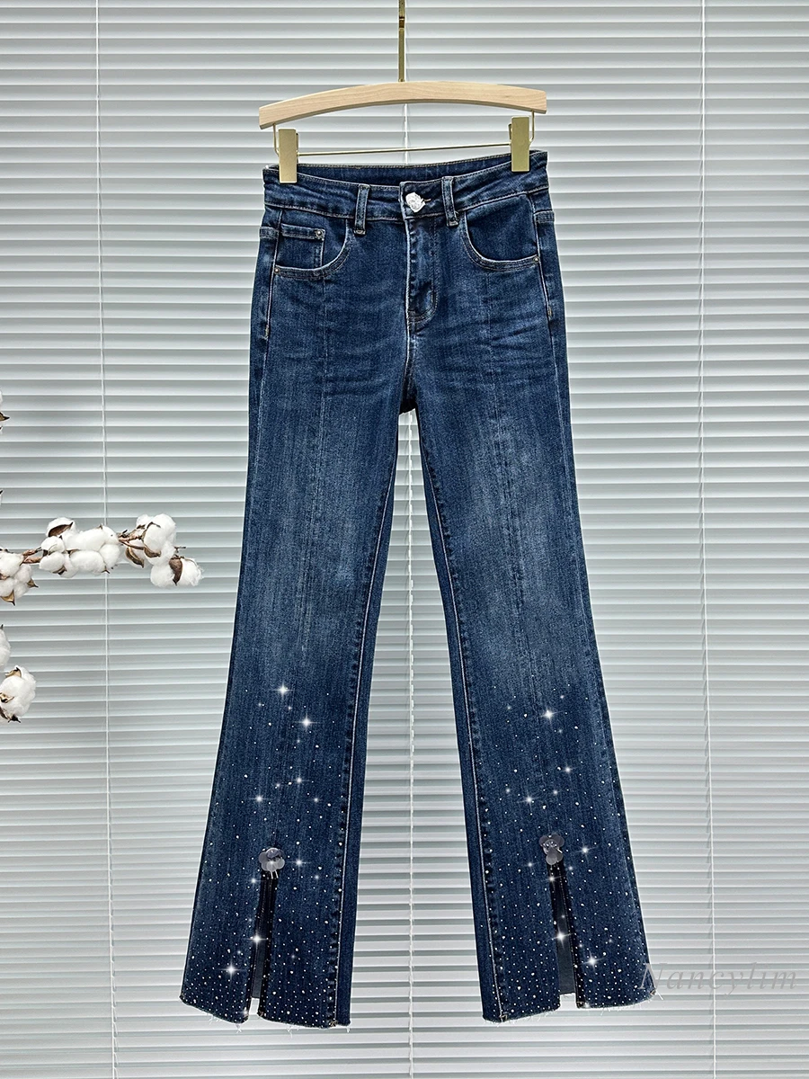 European Fashion Split Skinny Jeans for Women Trendy 2024 New Autumn High Waist Slim Fit All-Match Rhinestone Blue Denim Pants