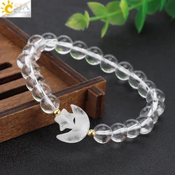 CSJA 8mm Natural Stone Bracelet for Women Handmade Star Moon Charm Healing Pink Quartz Crystal Bracelets Bangle Jewelry Yoga T01