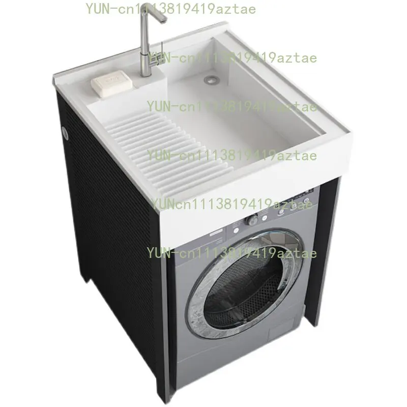 Small Apartment Integrated Laundry Cabinet Balcony Laundry Sink With Washboard Drum Washer Combo
