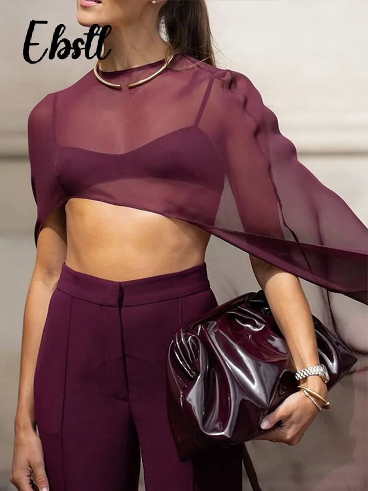 

High Street сетчатая шаль, комплект из 3 предметов и брюк, женские сексуальные прозрачные топы без рукавов, широкие длинные брюки, новинка весны 2023 г.