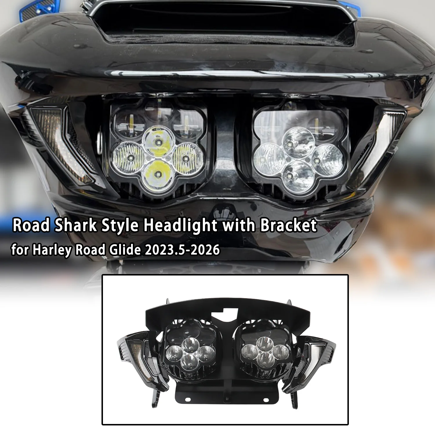 

Motorcycle Parts Road Shark Style Headlight with Bracket for Harley Road Glide 2015-2023 Plug and Paly