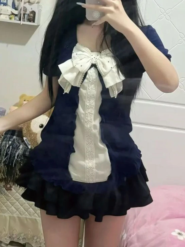 

Vintage Sweet Casual Bow Gothic 2-piece Set Summer Fashion Short Sleeve Blue Lace Patchwork Tops Design Ruffle Black Short Skirt