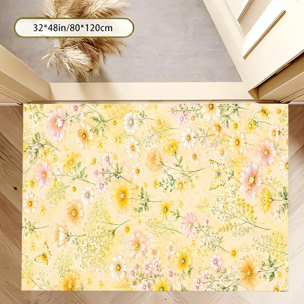 Area Rug Creamy Yellow Delicate Floral Print Soft Skin-Friendly Velvet for Living Room Bedroom Home Decor