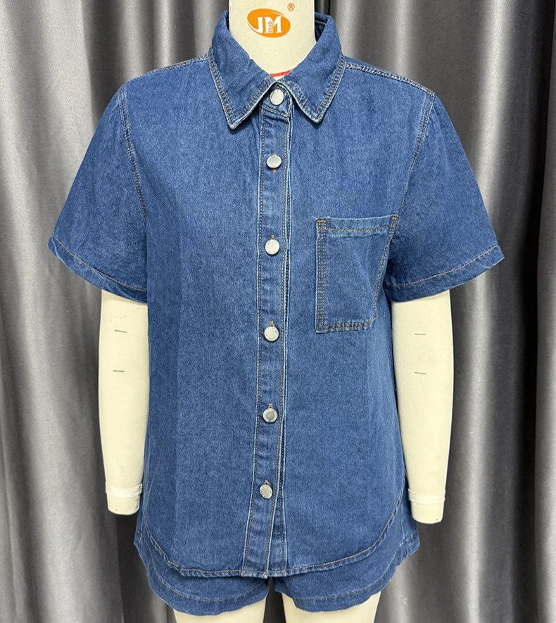 

Denim Suits Women Shirt Short Sleeve Single Breasted Pocket Top High Waist Shorts Streetwear Y2k 2025 Vintage Two Piece Sets