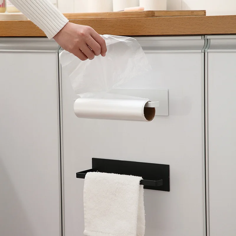 Non-perforated kitchen cabinet pasted paper towel rack Japanese paper roll rack Wall-mounted paper roll cloth storage rack