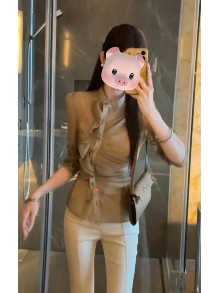 Irt checca la vita con legno ain Ruffle Design Coreano Sle Loose Fit Lungo effetto snellente Sve Abbigliamento quotidiano Fem Top