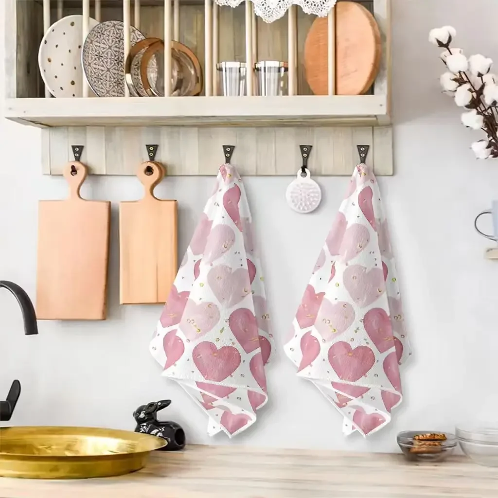 2Pcs, Pink Heart Gold Foil Embellished Kitchen Towels, 40Cm*60Cm Towel Set, Super Absorbent Soft Cleaning Cloth
