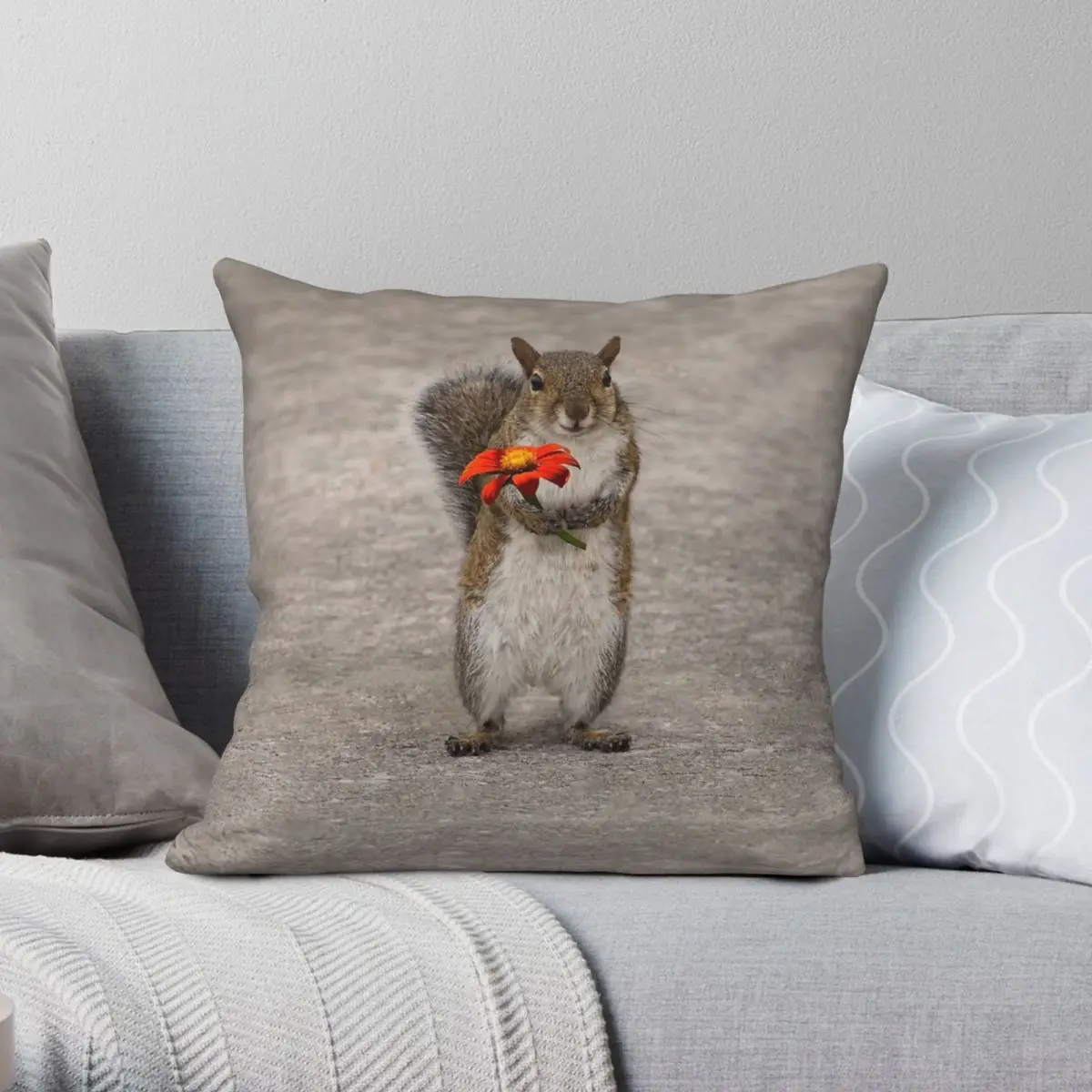 Squirrel With Flower Square Pillowcase Polyester Linen Velvet Printed Zip Decorative Pillow Case Room Cushion Cover