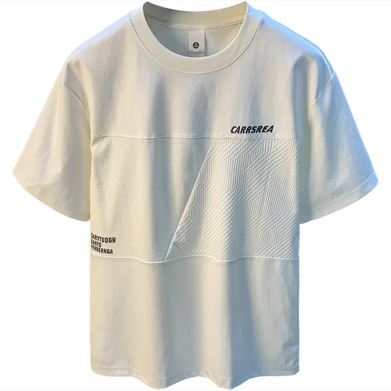 High end T-shirt men's summer 2025 embroidered loose breathable elastic design spliced short sleeved top