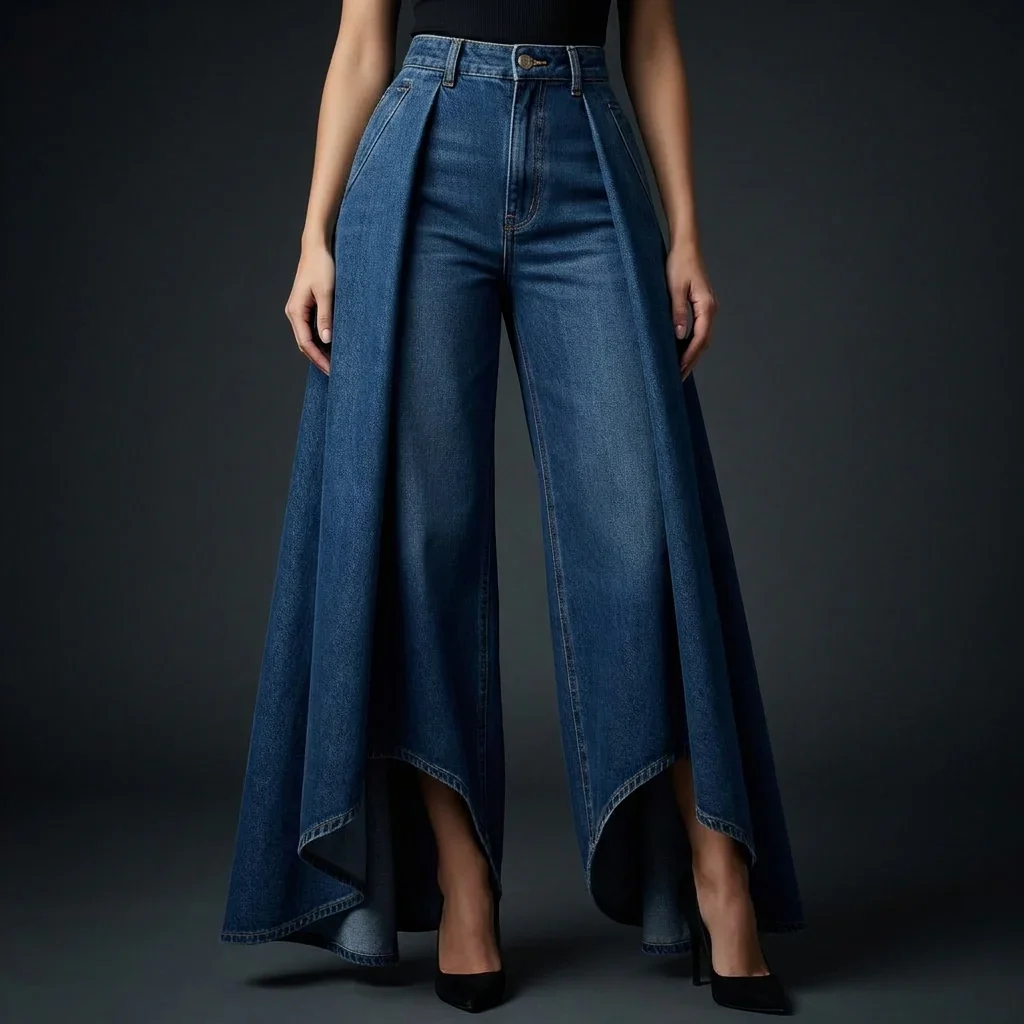 Women's High Waist Irregular Hem Jeans Denim Pants Layered Wide Leg Palazzo Overlay Casual Elegant Loose Denim Trousers Jeans