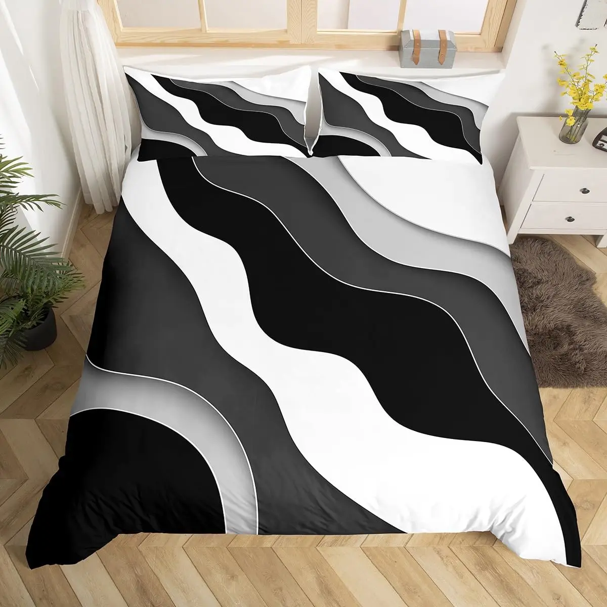 

Abstract Wave Bedding Set King Black Grey White Stripes Duvet Cover Geometric Lines Comforter Cover Modern Ombre Art Quilt Cover