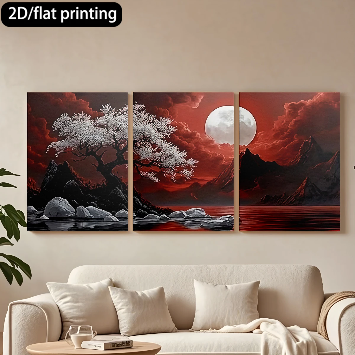 

Декоративная картина на холсте в деревянной раме, 3 шт., с изображением цветущей вишни, полной луны, красного неба. Декор для коридора, гостиной.