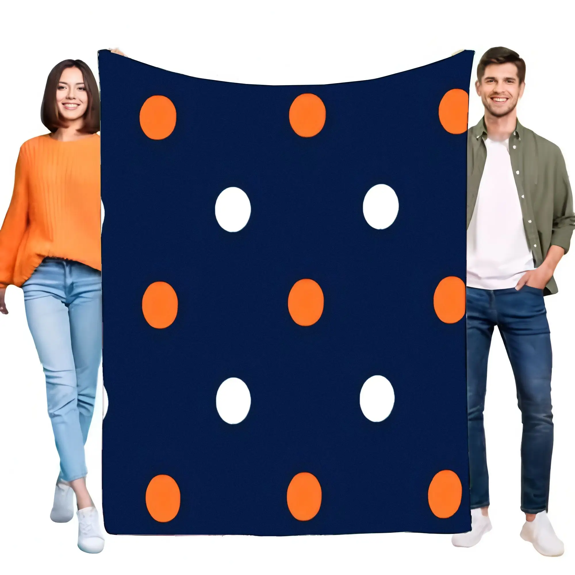 Manta de lunares de forro polar de Franela suave,azul marino con puntos naranjas y blancos vibrantes,acogedor y cálido para cama