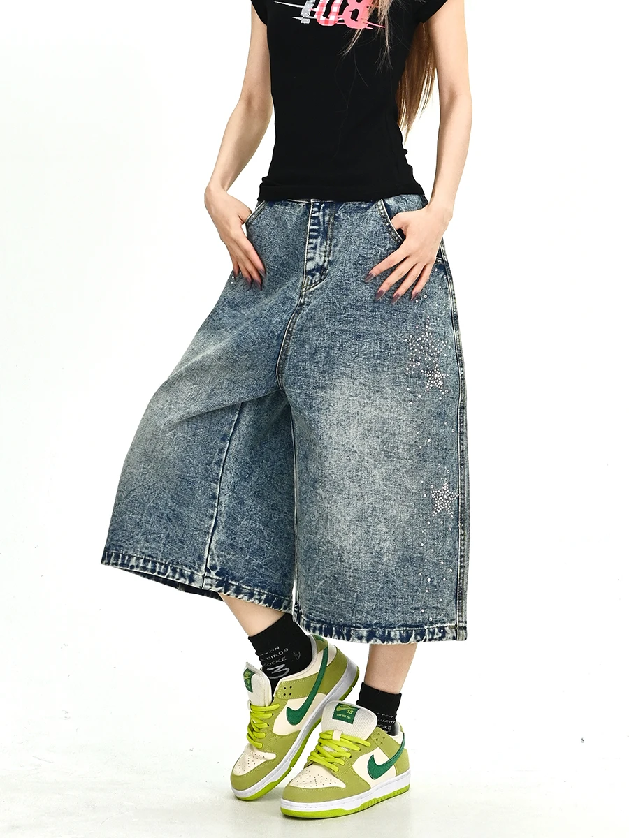 

New Arrival Stars Denim 7/8 Pants Neutral Sle l Waist Zipper Closure Wear Resistant Winter Season Youth Loose Fit Jeans