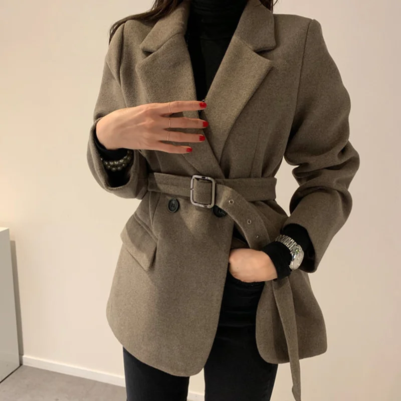 

2023 Autumn Winter New Lace-Up Blazer Woolen Jacket Women Overcoat Fried Street Casual Korean Thick Wool Coat Female Outwear