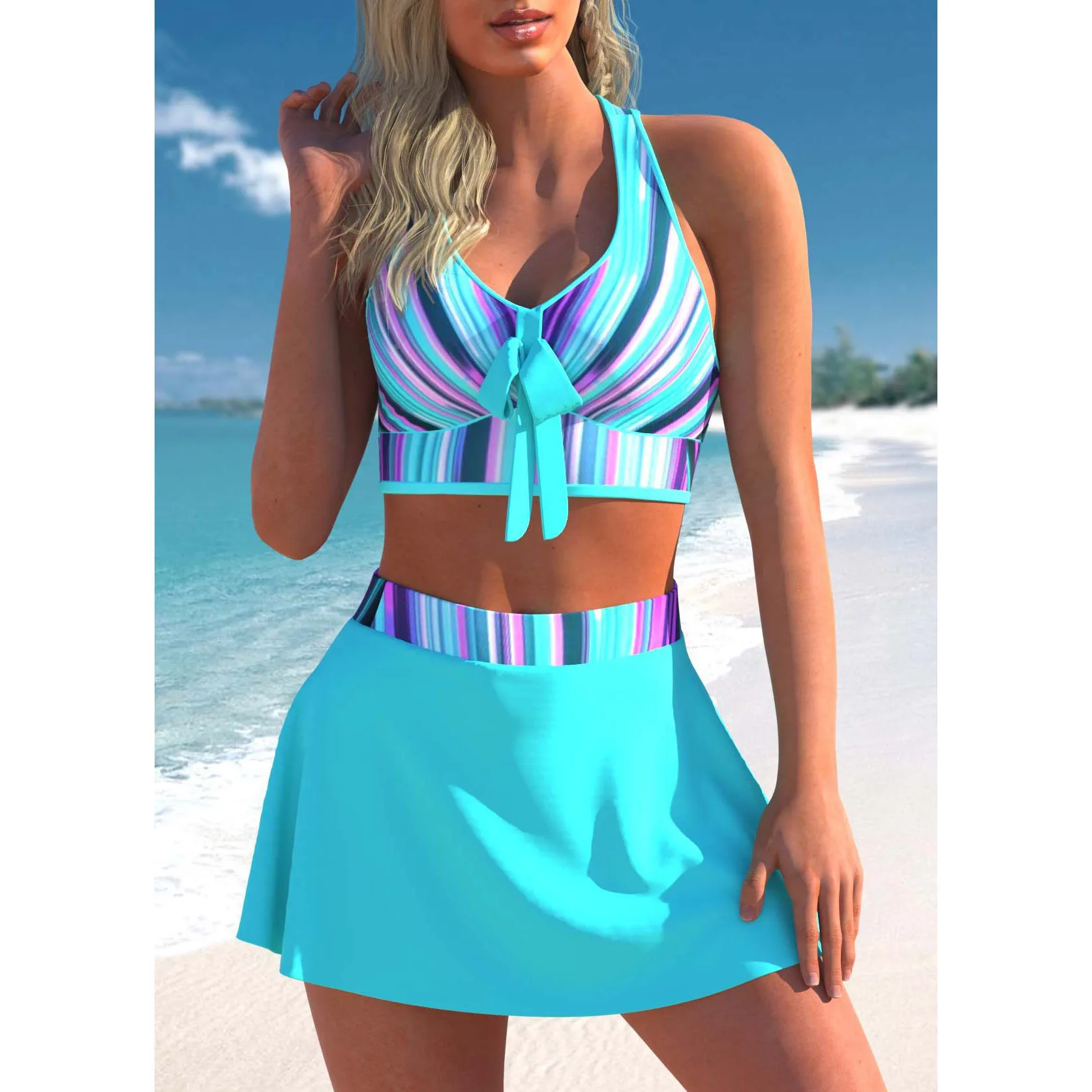 Tankiniset voor zomervakantie voor dames - Badpak met hoge stretch en ronde hals met willekeurige print, gebreide stof 2-delige tropische bikini