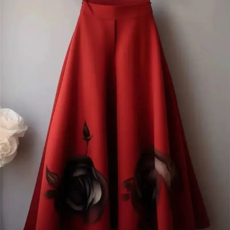 

Женская элитная юбка средней длины с большими качелями и высокой талией, трапециевидной формы, вечерние юбки с конским лицом, 191P, розово-красная юбка с принтом, осень-зима