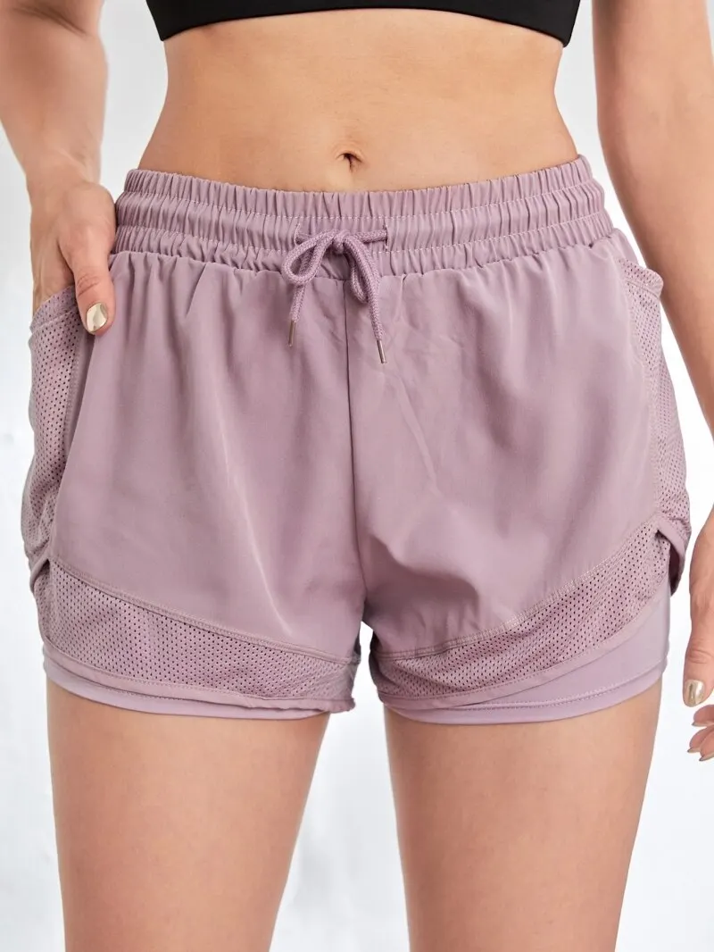 Pantalones cortos deportivos elásticos para mujer, pantalones cortos con bolsillos, mallas de yoga falsas de dos piezas para correr y entrenar