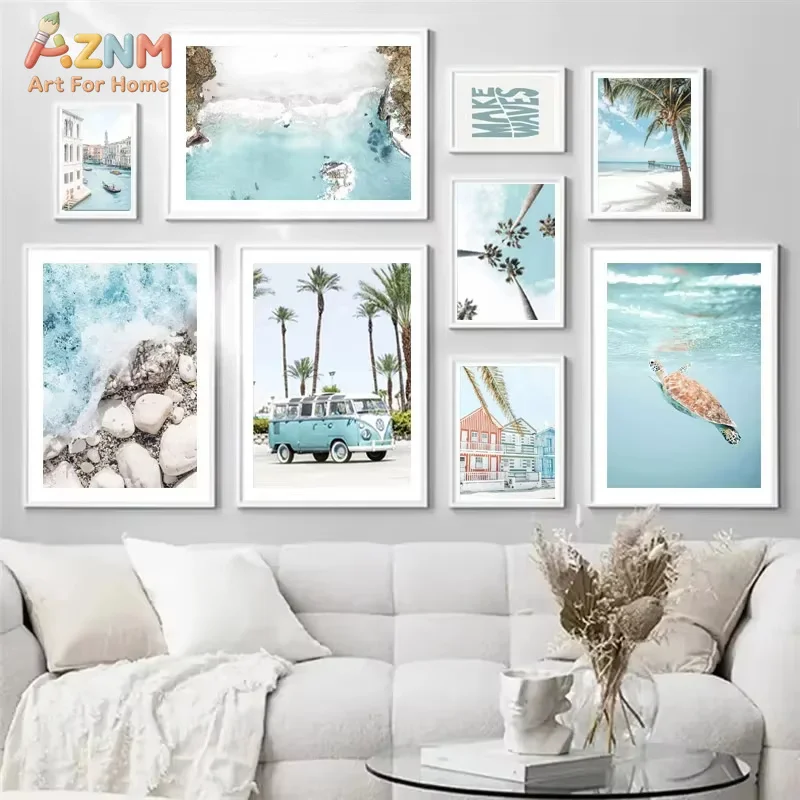 1PC Beach Cabin Van Surf Conch Turtle Pigeon Poster Wall Art Decor Canvas Painting Summer Ocean Picture Nordic Home Decoration