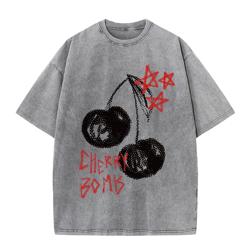 Cherry Personality Design Printing Men Washed T Shirts Hip Hop Breathable Cotton T-Shirt Street Summer Fashion Distressed Tops