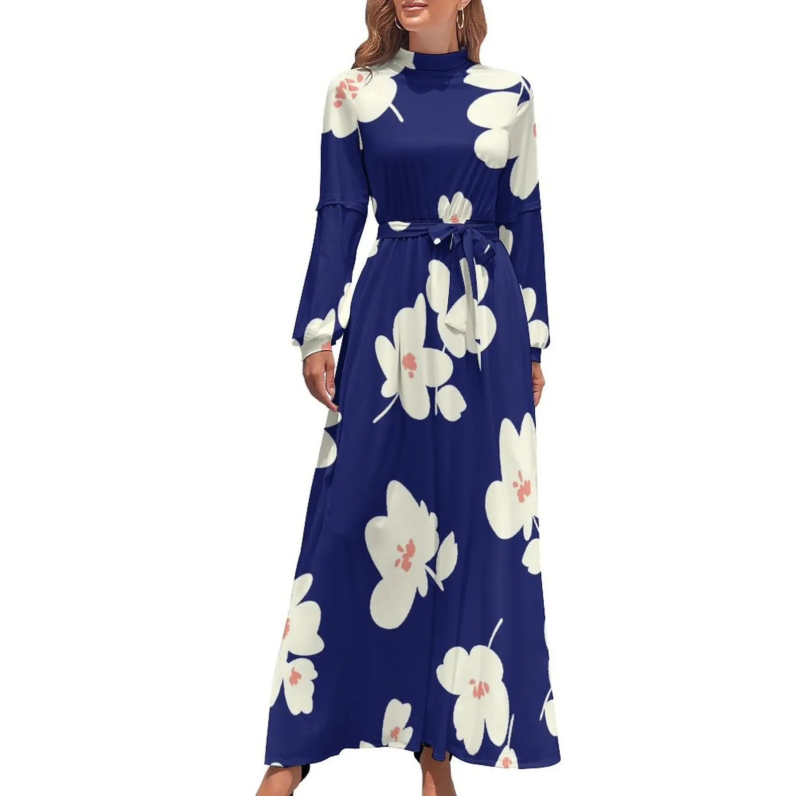 

White Daisies Dress High Waist Abstract Flower Design Bohemia Dresses Long Sleeve Street Wear Long Maxi Dress Modern Vestidos