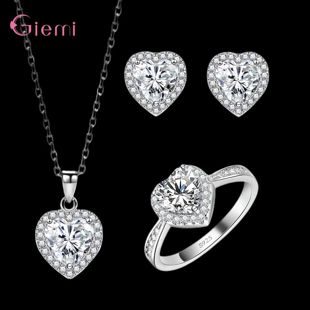 925 Silver Needle 2023 New Arrival Heart Shape Fashion Inlaid Necklace Earrings Ring Jewelry Sets For Women Girls Wholesale