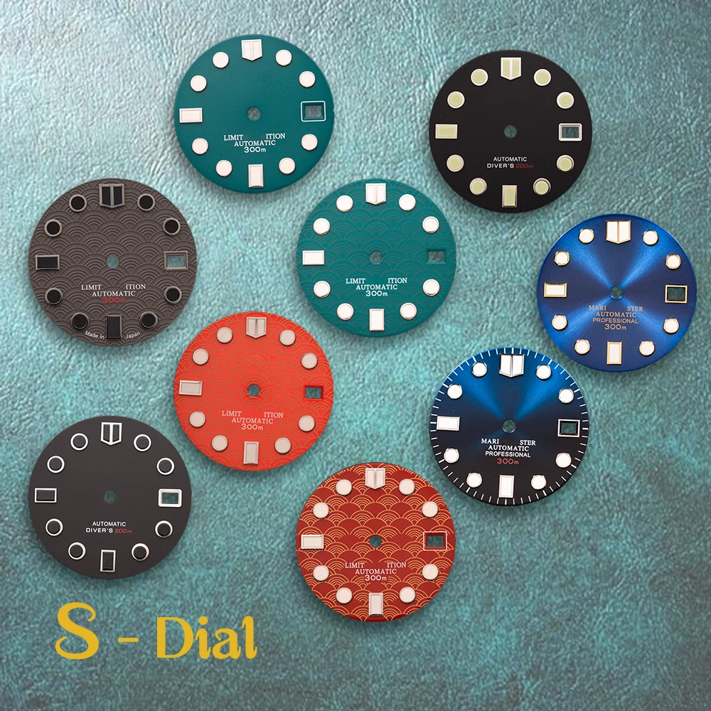 28.5mm S Logo Diver's Dial sea wave Scale NH35 Dial Fit NH36/4R/7S Movement Green Luminous Watch Modification Accessories