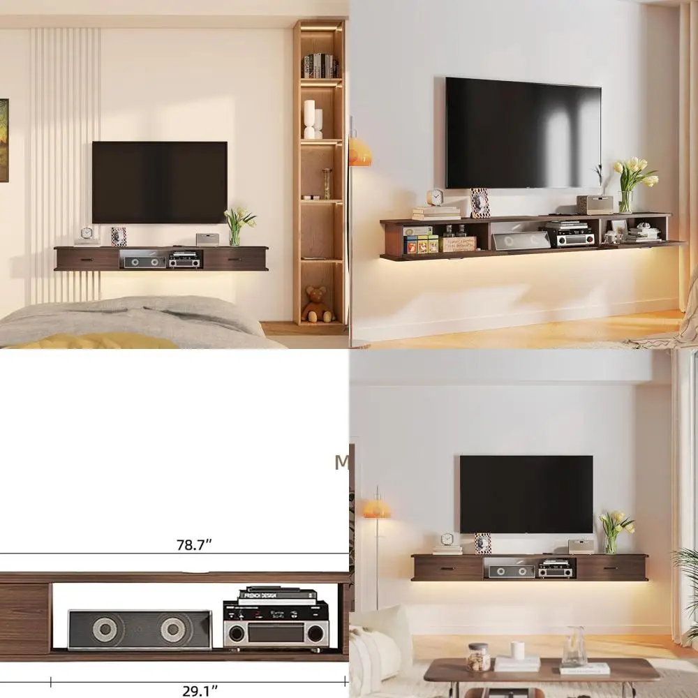 Walnut 94 Floating Wall TV Stand with 2 Doors and Console Shelf