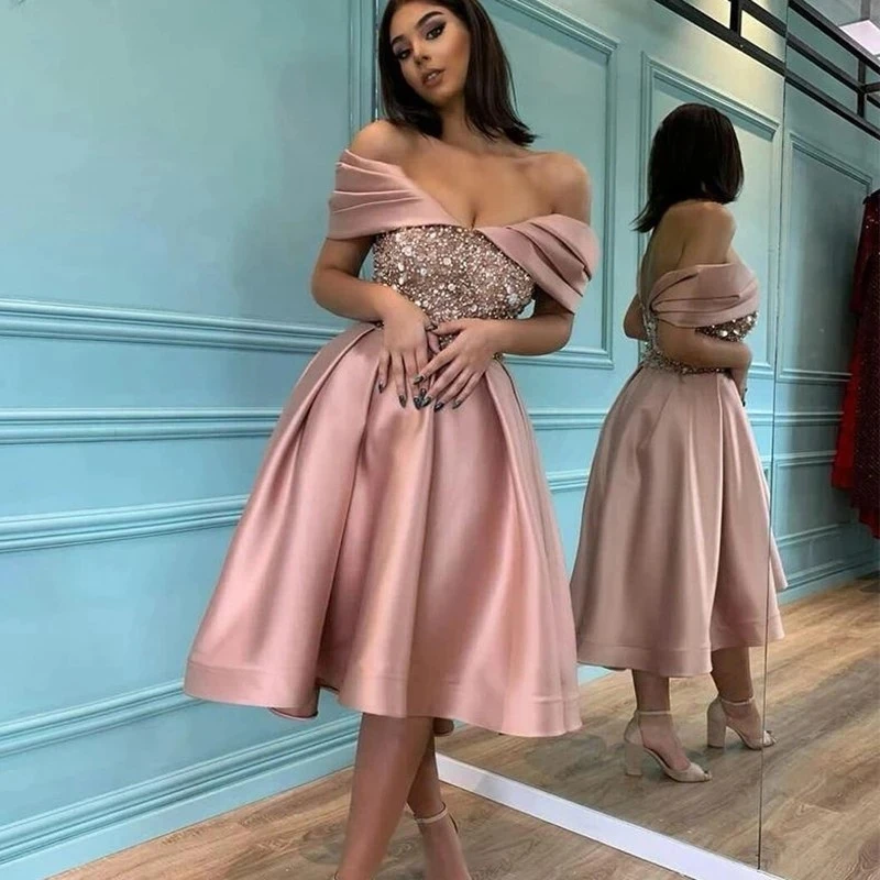 

ANGELSBRIDEP Pink Off-Shoulder Sequins Evening Dresses Tea Length Satin Prom Gowns Saudi Arabia Formal Homecoming Dresses HOT