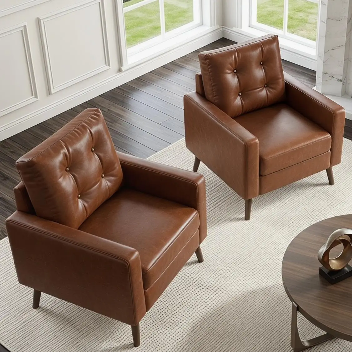 Mid Century Armchair Set 2, Button Tufted Faux Leather with Armrests for Living Room Bedroom Office, Brown, Customized