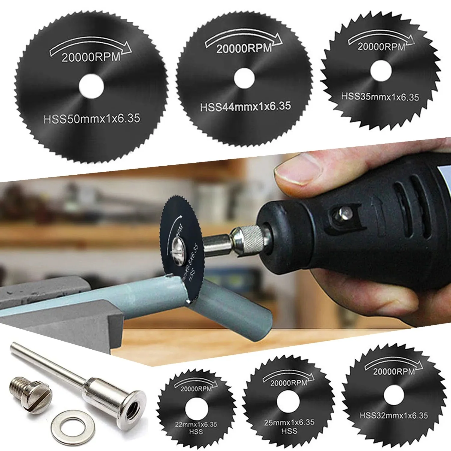 Juego de 6 Discos de Sierra Rotatorios para Taladro, Discos de Corte de Acero con Mandril de Vástago Recto de 1/8" para Taladros Dremel y Herramientas Rotatorias