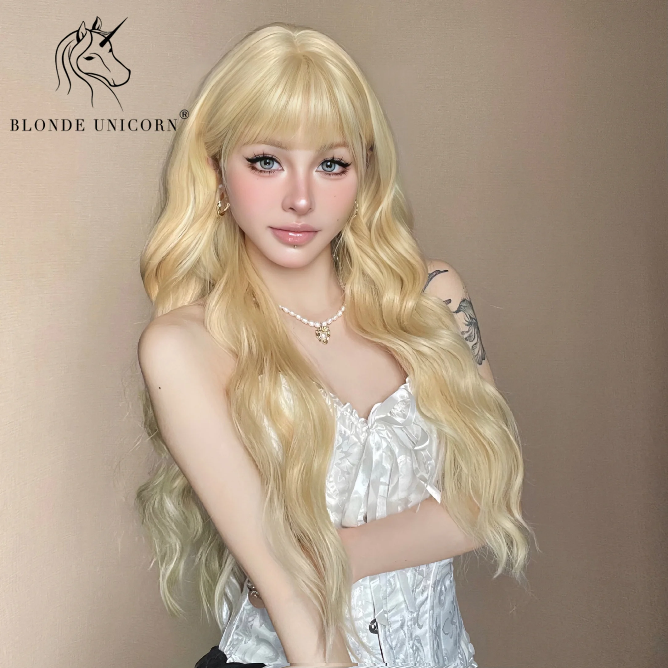 Peruca sintética longa loira unicórnio com Franja para mulheres, cabelo resistente ao calor, cosplay de festa diária