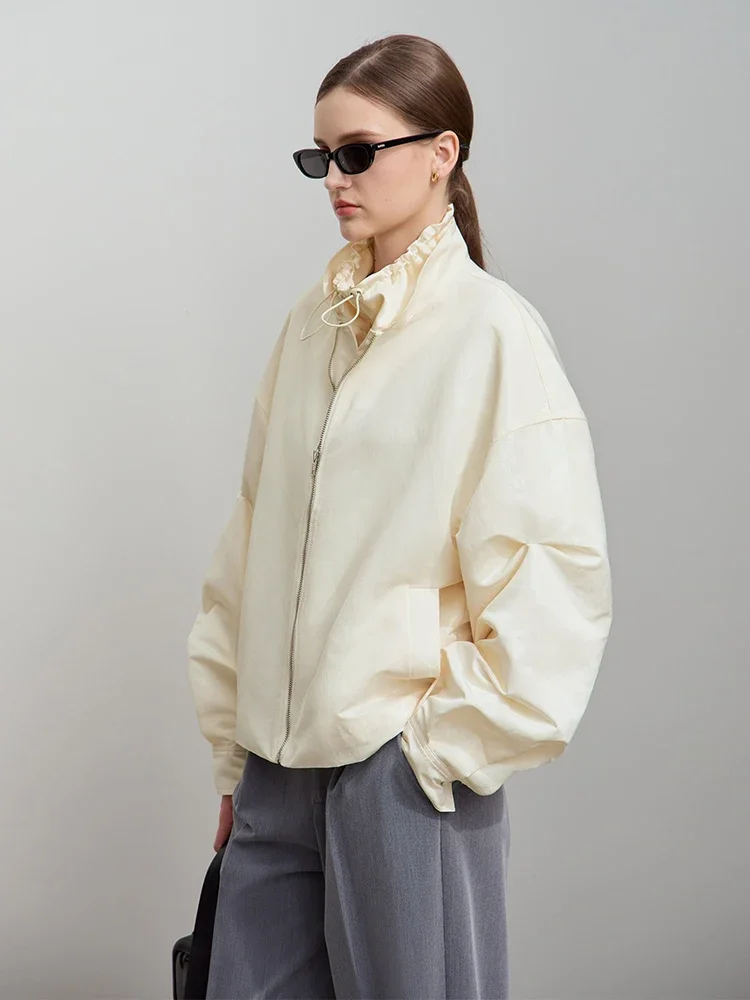 Amii Minimalist Spring Silky Glossy Casual Loose Double Neck Fake Two Piece Shoulder Long Sleeve Zipper Short Jacket 12541059