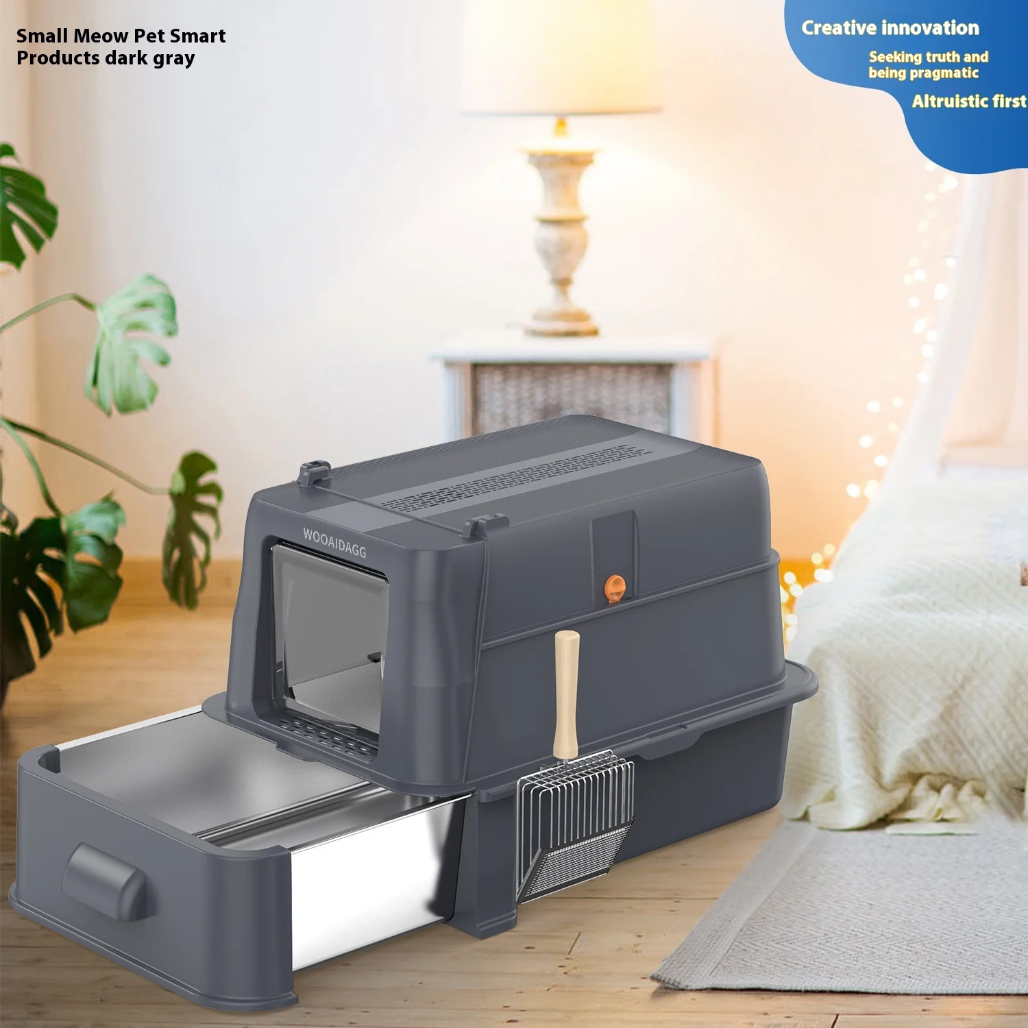 

Extra Large Stainless Steel Drawer-Style Cat Litter Basin Spill-Proof & Deodorizing Features Flip-On Heightening Fence Accessory