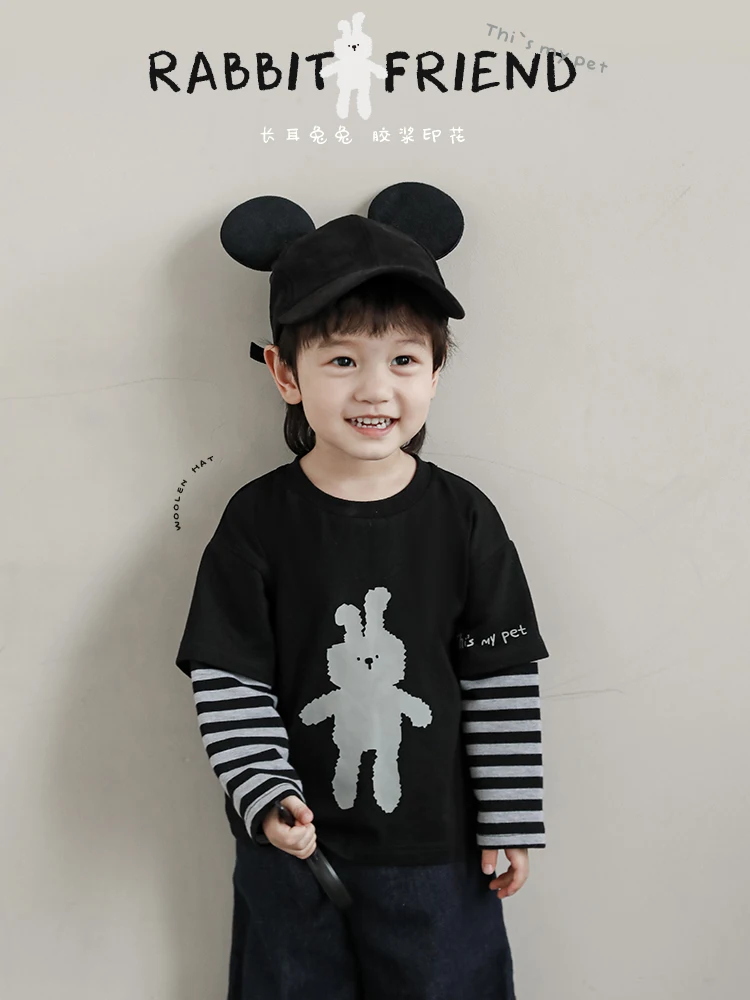 

Boys' Cute Rabbit Print Striped Loose T-shirt Autumn Children's Casual Long Sleeved Top Trend