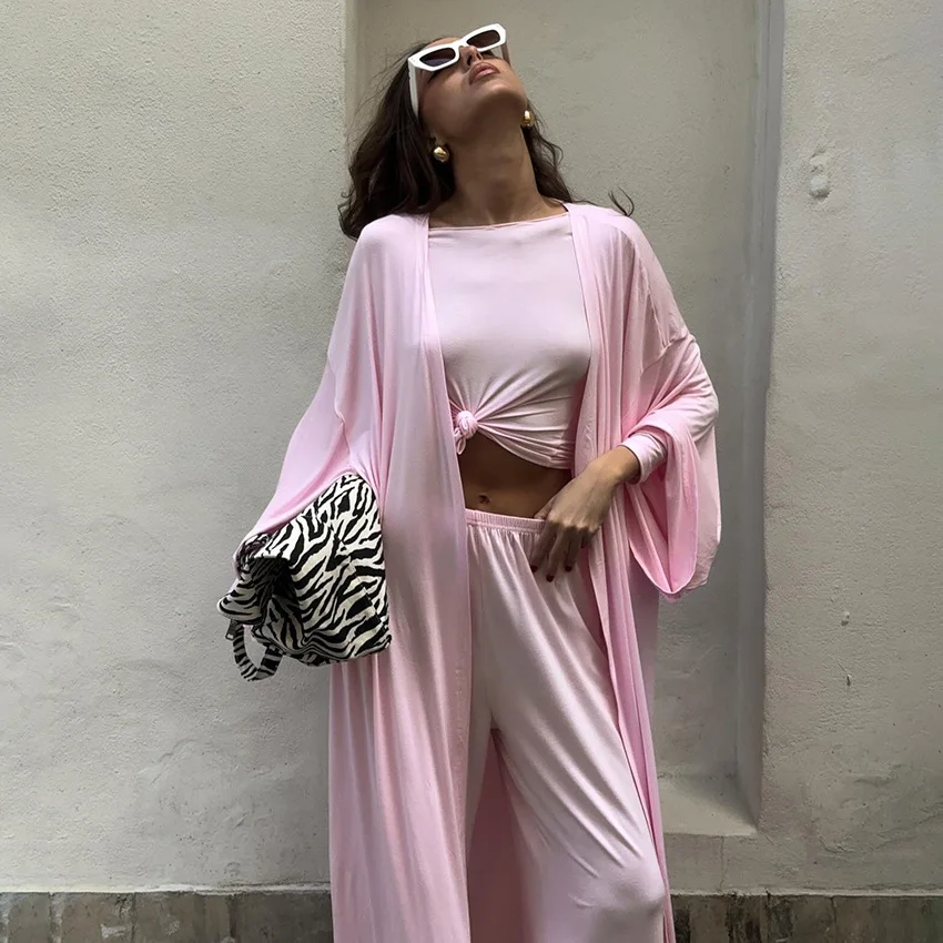 

Women's Casual Long Sleeve Duster Vest & Wide Leg Pants Set 3pcs Outfit Boho Chic Loose Cover-Up Palazzo Trousers Lounge Wear